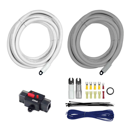 Wiring kit with white and gray cables, a red-button breaker, connectors, cable ties and blue wire