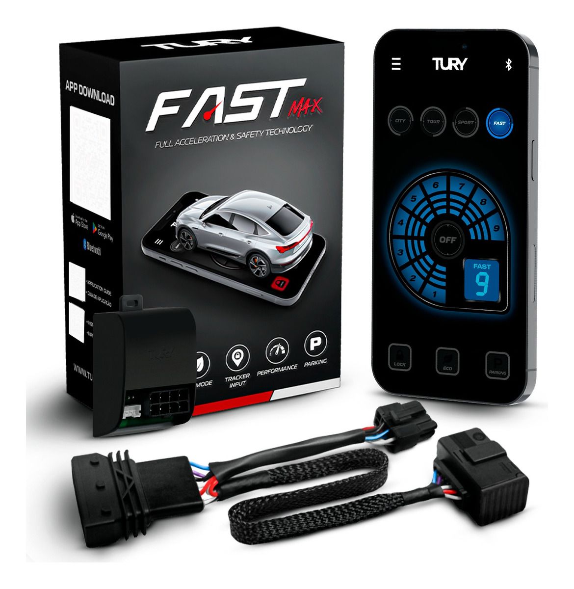 Tury FAST MAX package, control module and wiring harness beside a phone app reference screen