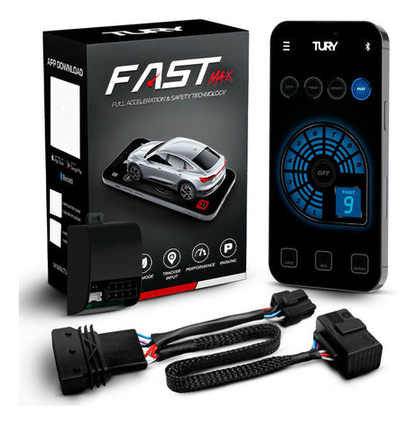 Tury FAST MAX package, control module and wiring harness beside a phone app reference screen