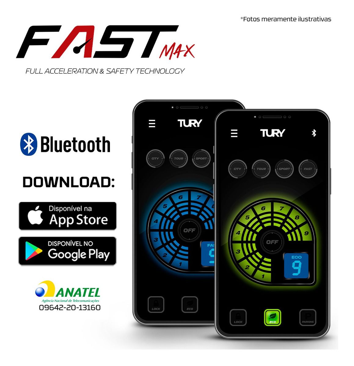 Tury graphic promoting Bluetooth app control on iOS and Android for throttle-response and security functions