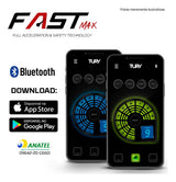 Tury graphic promoting Bluetooth app control on iOS and Android for throttle-response and security functions