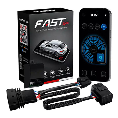 Tury FAST MAX controller kit with wiring, packaging and a smartphone app display