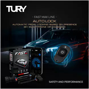 Tury Auto Lock graphic describing automatic pedal locking based on smartphone or Magic Key presence