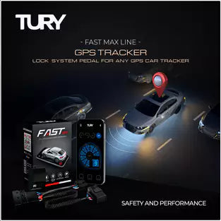 Tury FAST MAX graphic describing pedal-lock operation connected to a GPS vehicle tracker