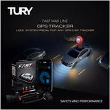 Tury FAST MAX graphic describing pedal-lock operation connected to a GPS vehicle tracker