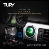 Tury FAST MAX Eco Mode graphic promoting reduced fuel consumption, with controller, harness and green ECO button