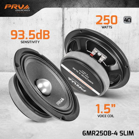 PRV 6MR250B-4 SLIM front and rear views, with graphic labels for 93.5 dB sensitivity, 250 watts, 4 ohms and a 1.5-inch voice coil