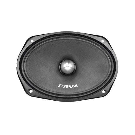 Front view of an oval PRV speaker with a black cone and silver bullet-shaped center