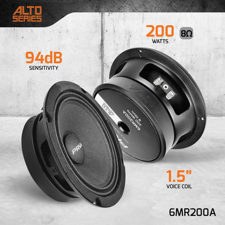 PRV Audio 6MR200A speaker graphic with front and rear views, 200-watt, 8-ohm and 94 dB callouts