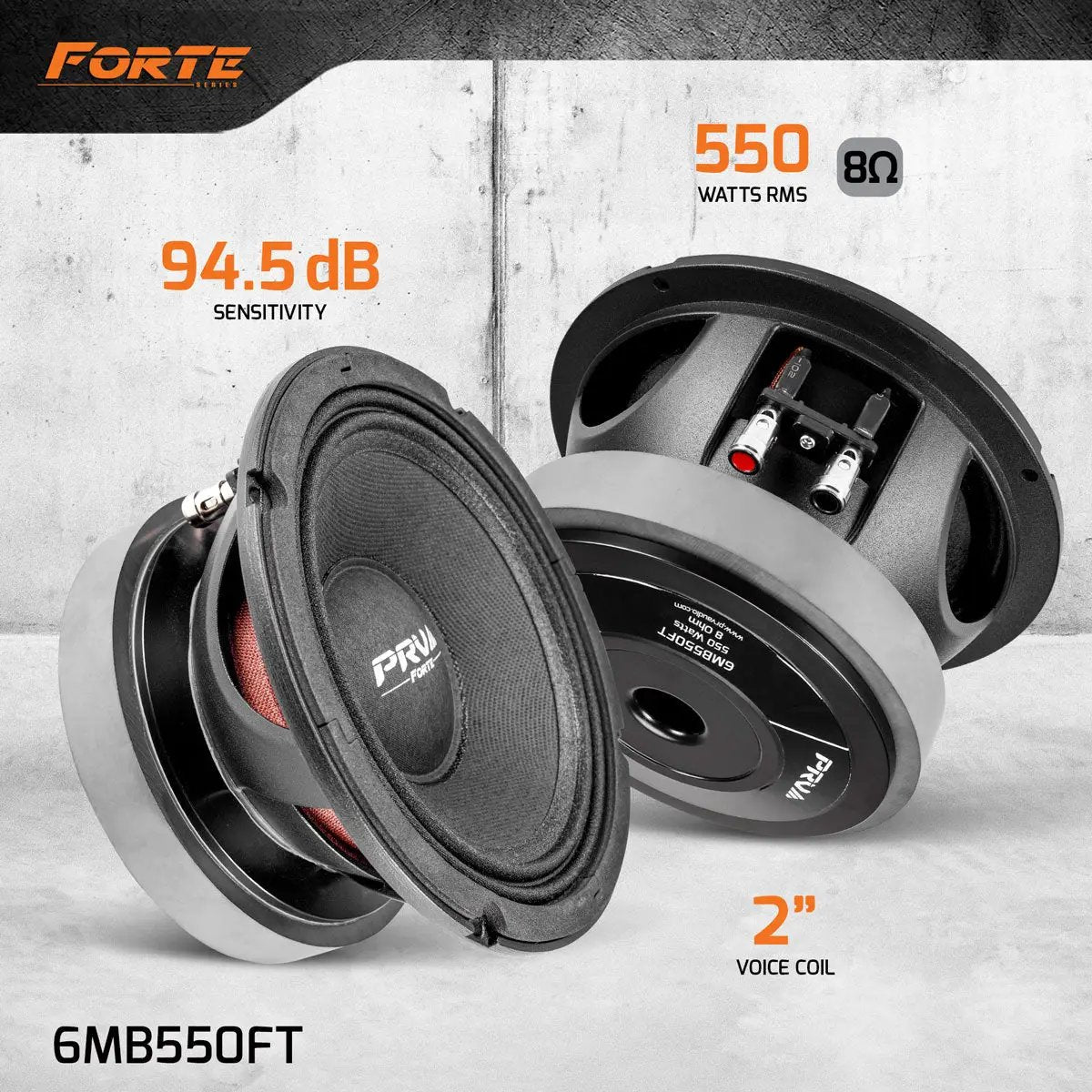 PRV Audio 6MB550FT speaker graphic with 550-watt RMS, 8-ohm, 94.5 dB and 2-inch voice-coil callouts