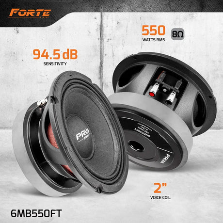 PRV Audio 6MB550FT speaker graphic with 550-watt RMS, 8-ohm, 94.5 dB and 2-inch voice-coil callouts