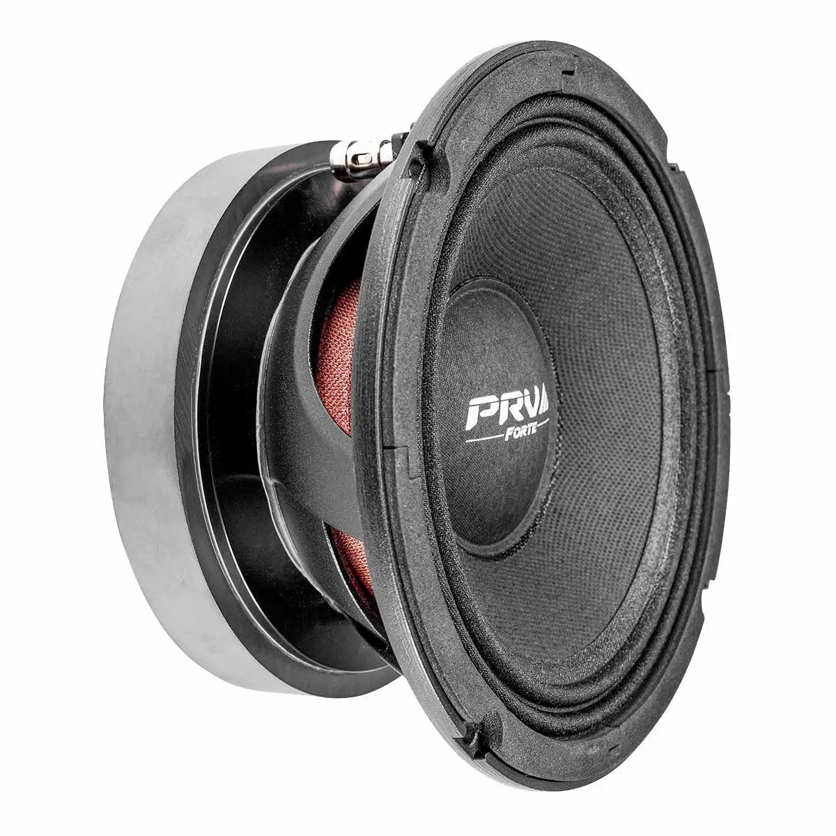PRV Audio Forte speaker, angled side view showing the black cone, open basket and magnet