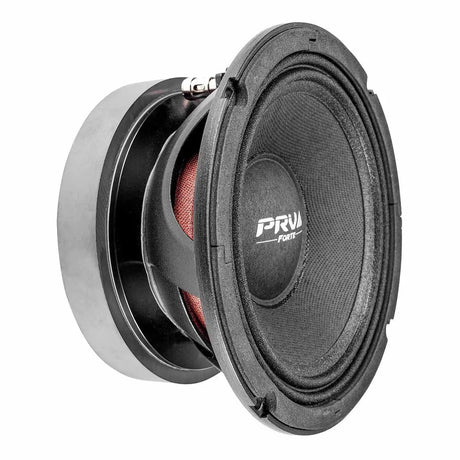 PRV Audio Forte speaker, angled side view showing the black cone, open basket and magnet