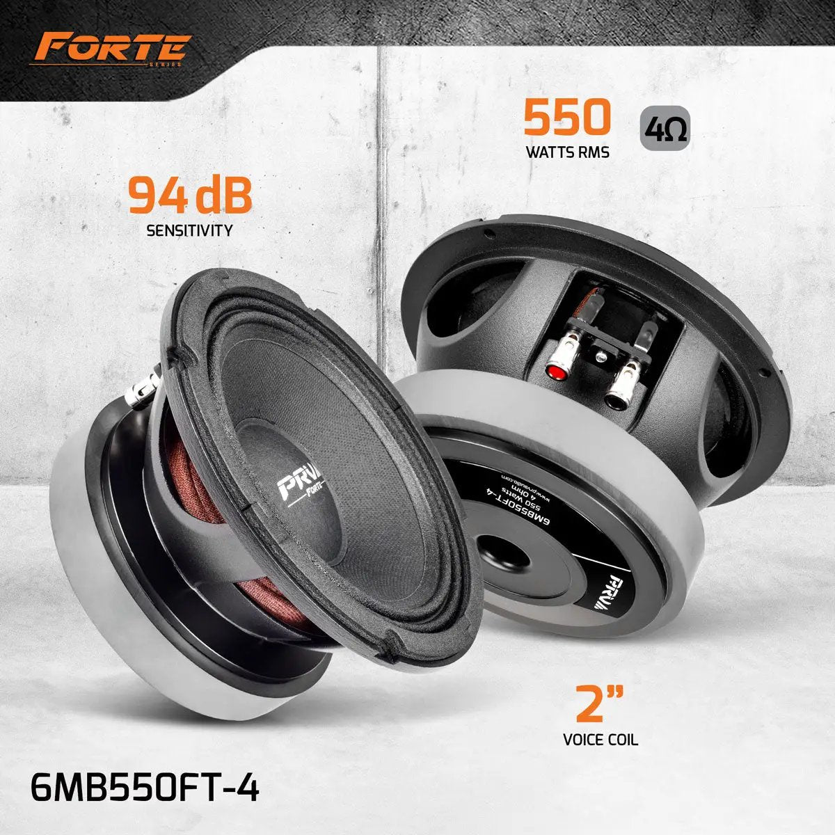 PRV Audio 6MB550FT-4 specification graphic showing front and rear speaker views and 4-ohm labeling