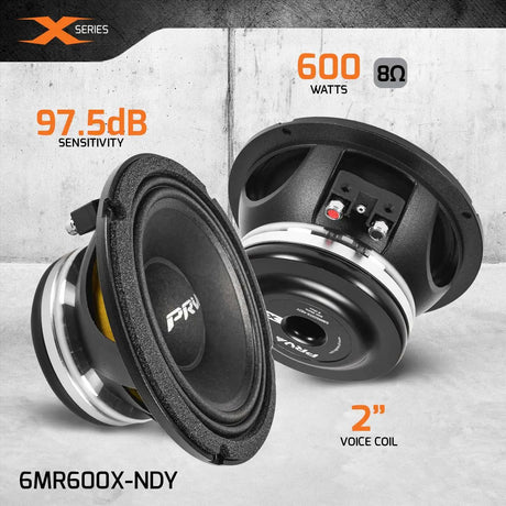PRV Audio 6MR600X-NDY speaker graphic with 600-watt, 8-ohm, 97.5 dB and 2-inch voice-coil callouts