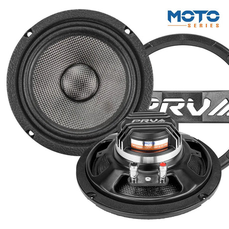 Front and rear views of the PRV Audio Moto MT6MR400CF-NDY-4 SLIM speaker with its grille