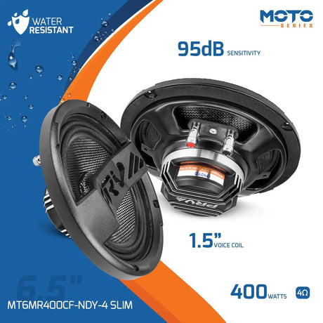 PRV MT6MR400CF-NDY-4 SLIM speaker graphic: water resistance, 95 dB sensitivity, 400 watts, 4 ohms and a 1.5-inch voice coil