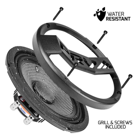 PRV speaker with its grille and four mounting screws shown separately, alongside a water-resistance symbol