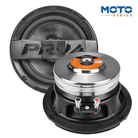 PRV Audio MT6MR600CF-NDY-2 speaker front and rear views with a PRV grille