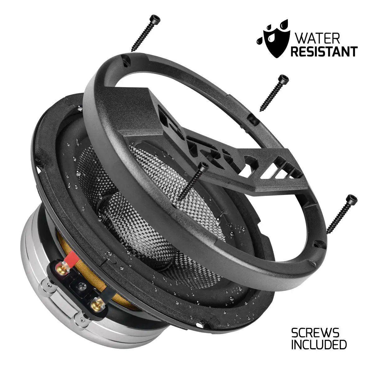 PRV Audio speaker assembly graphic showing a separate grille, mounting screws and water droplets