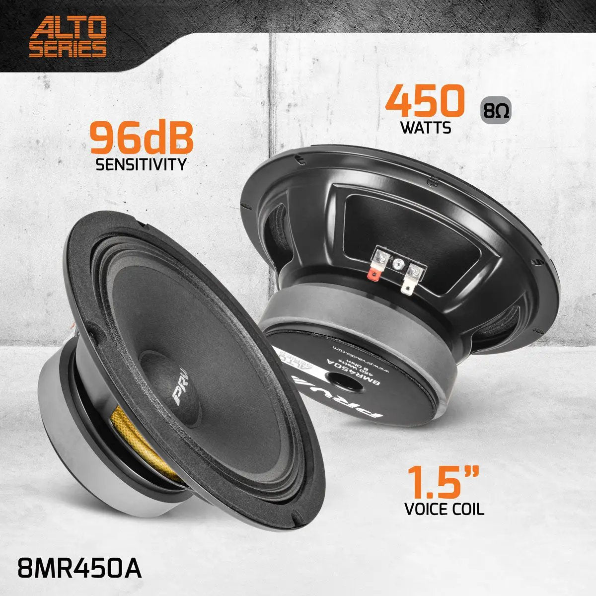 PRV Audio 8MR450A speaker graphic with front and rear views, 450-watt, 8-ohm and 96 dB callouts