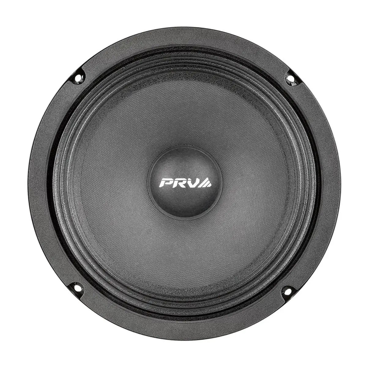 Front view of a PRV Audio speaker with a black cone and mounting holes around the rim