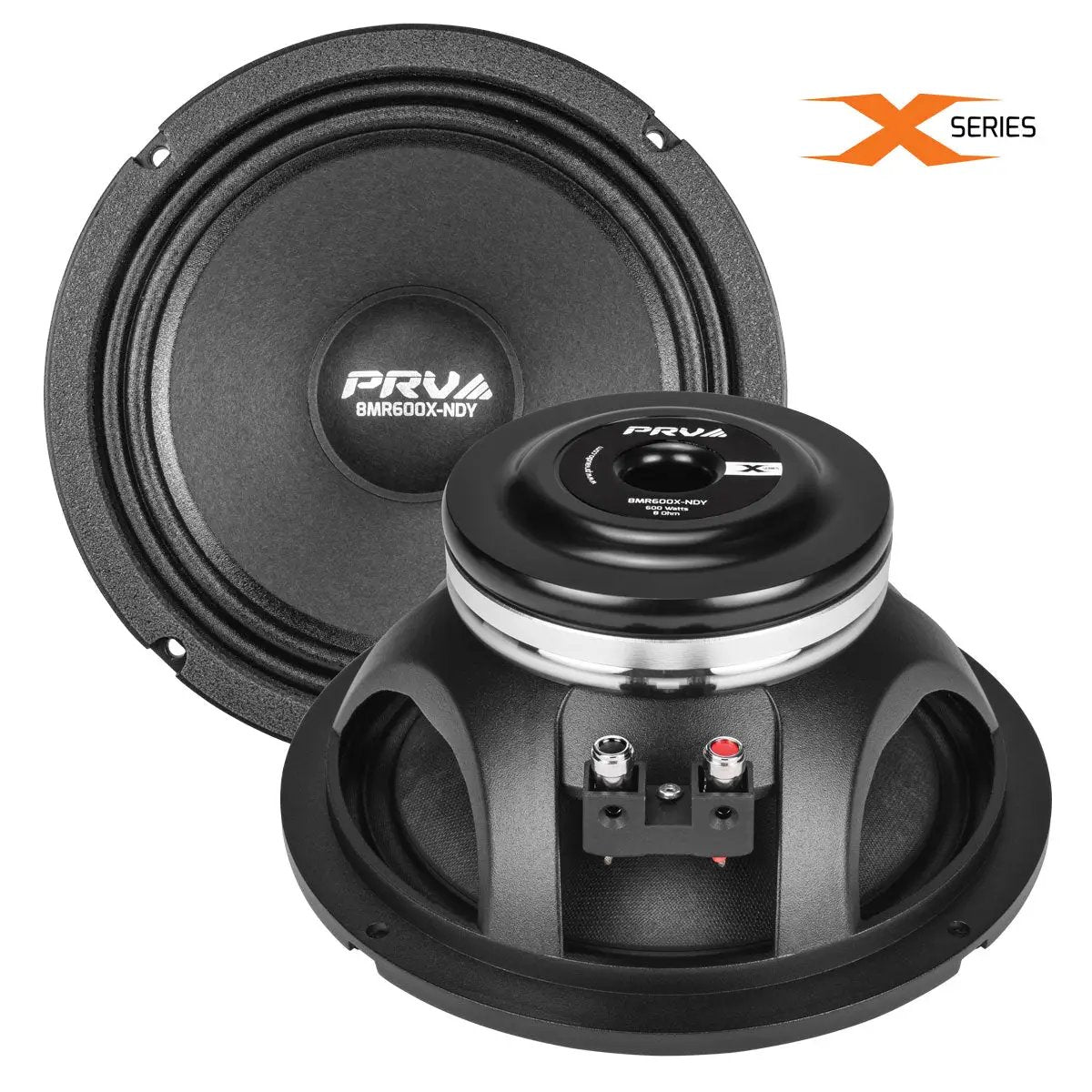 PRV Audio X Series speaker, front cone and rear magnet views with red and black spring terminals