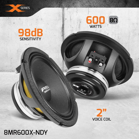 PRV Audio 8MR600X-NDY speaker graphic with 600-watt, 8-ohm, 98 dB and 2-inch voice-coil callouts