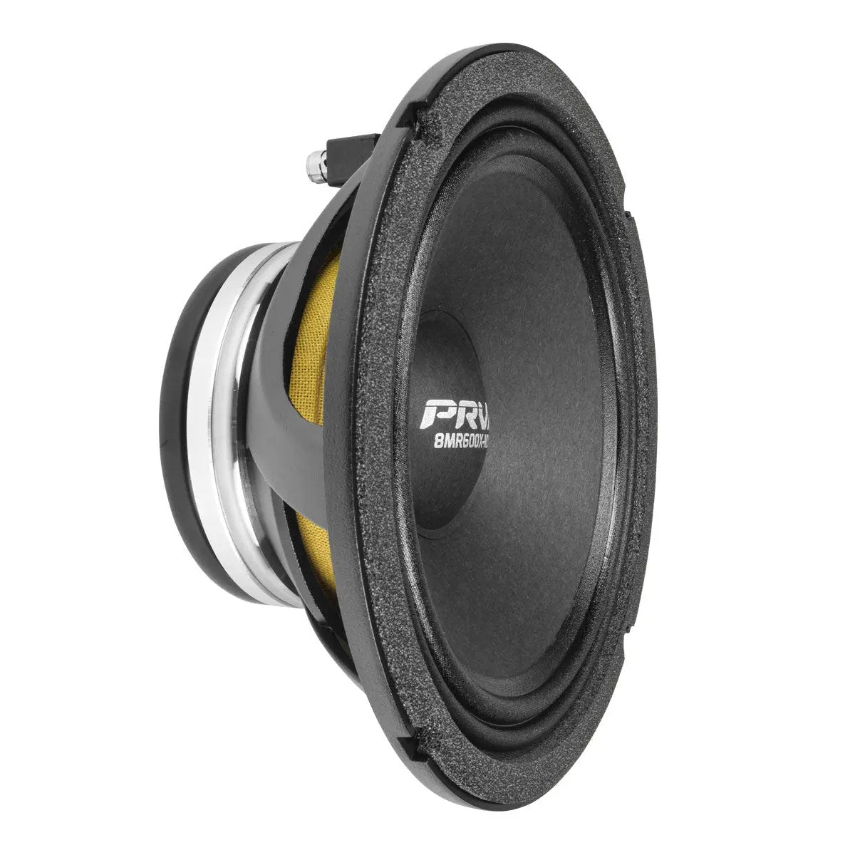 PRV Audio X Series speaker, side angle showing the cone, basket and exposed yellow inner material