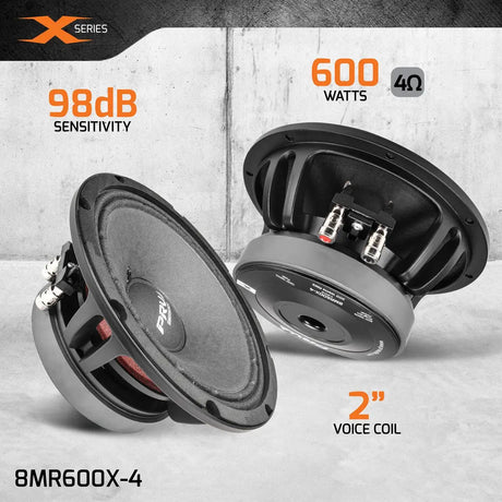 PRV Audio 8MR600X-4 specification graphic with front and rear speaker views and 4-ohm labeling