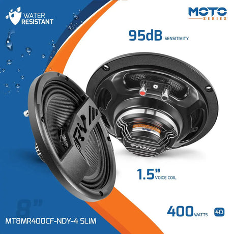 PRV MT8MR400CF-NDY-4 SLIM speaker graphic: water resistance, 95 dB sensitivity, 400 watts, 4 ohms and a 1.5-inch voice coil