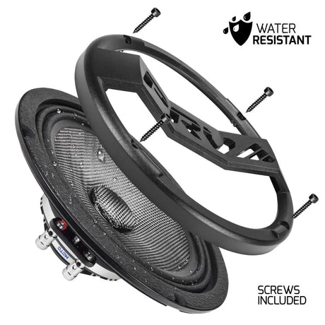 PRV speaker with its grille and four mounting screws shown separately, alongside a water-resistance symbol