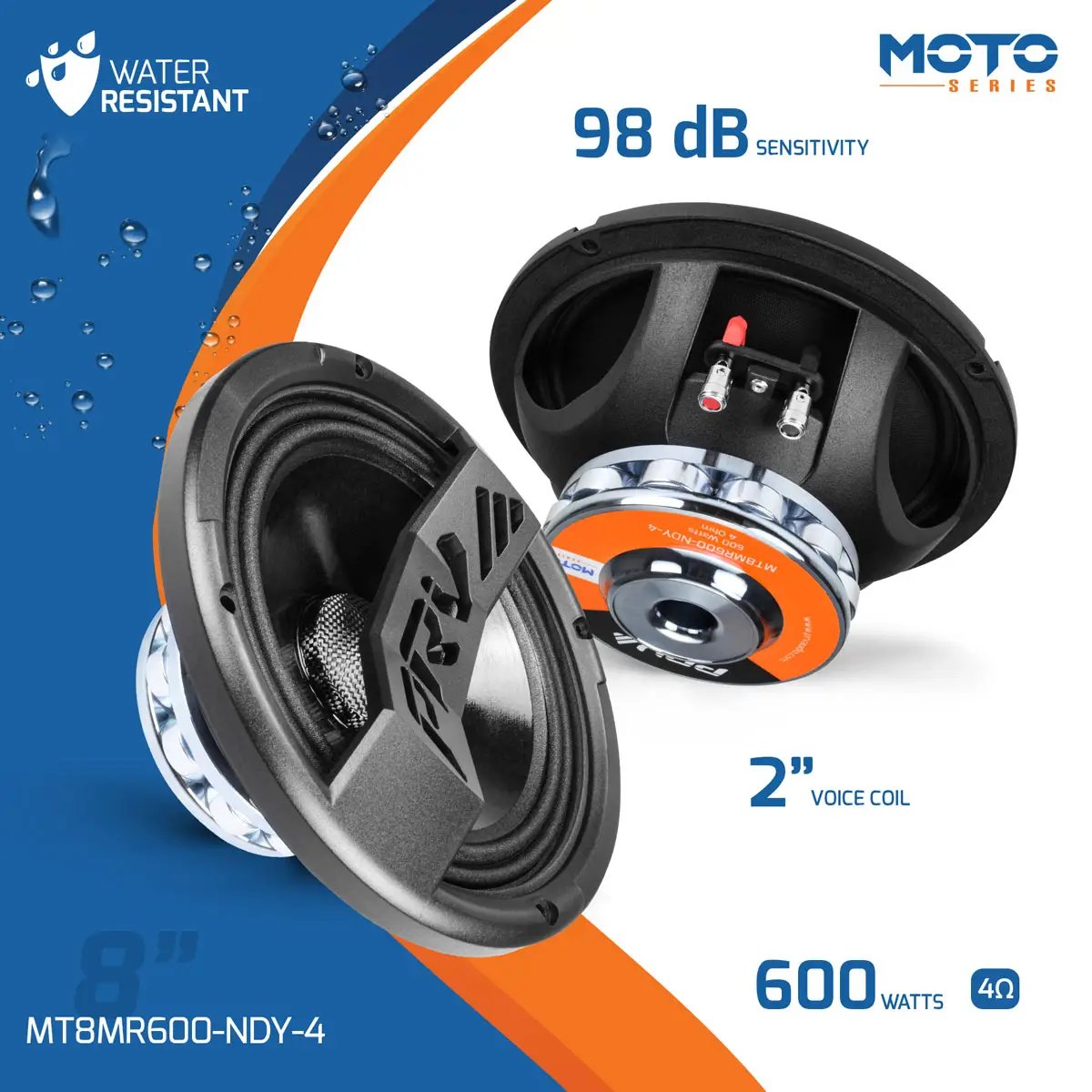 PRV MT8MR600-NDY-4 speaker graphic: water resistance, 98 dB sensitivity, 600 watts, 4 ohms and a 2-inch voice coil