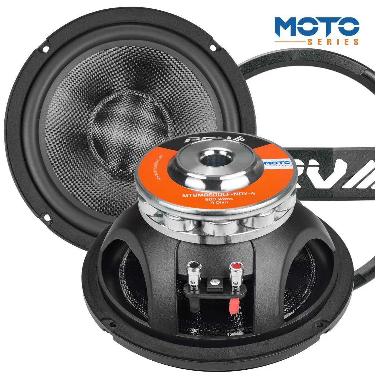PRV Audio Moto speaker with a textured cone, rear magnet view and matching black grille