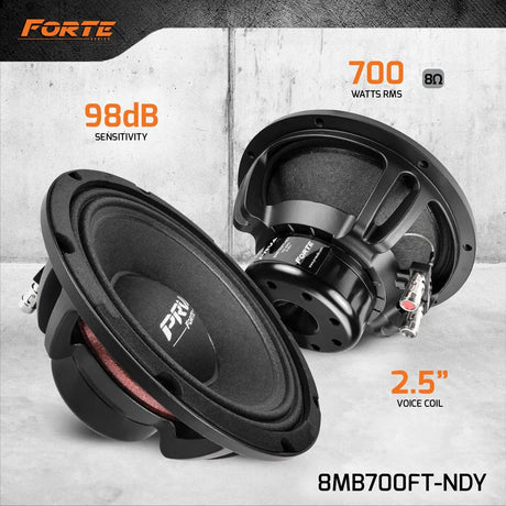 PRV 8MB700FT-NDY front and rear views, with graphic labels for 700 watts RMS, 8 ohms, 98 dB sensitivity and a 2.5-inch voice coil