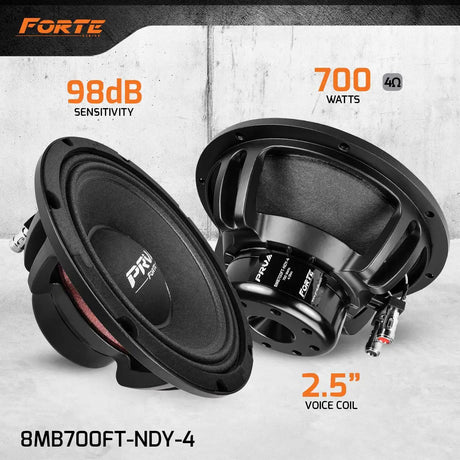 PRV Audio 8MB700FT-NDY-4 speaker graphic with 700-watt, 4-ohm, 98 dB and 2.5-inch voice-coil callouts