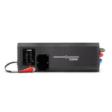 Black DS18 NXL-X1500.1FR amplifier shown with its adjustment panel, protective panel cover and attached wiring