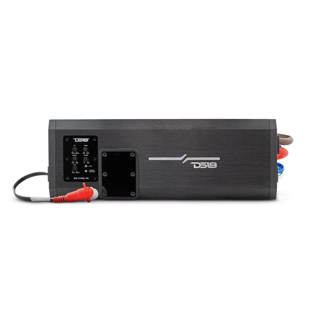 Black DS18 NXL-X1500.1FR amplifier shown with its adjustment panel, protective panel cover and attached wiring