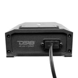 End view of a black DS18 amplifier showing the cable entry and housing screws