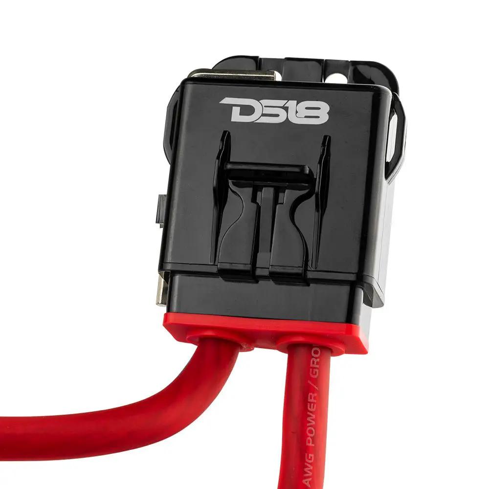 Close-up of a covered DS18 fuse holder attached to red power cables
