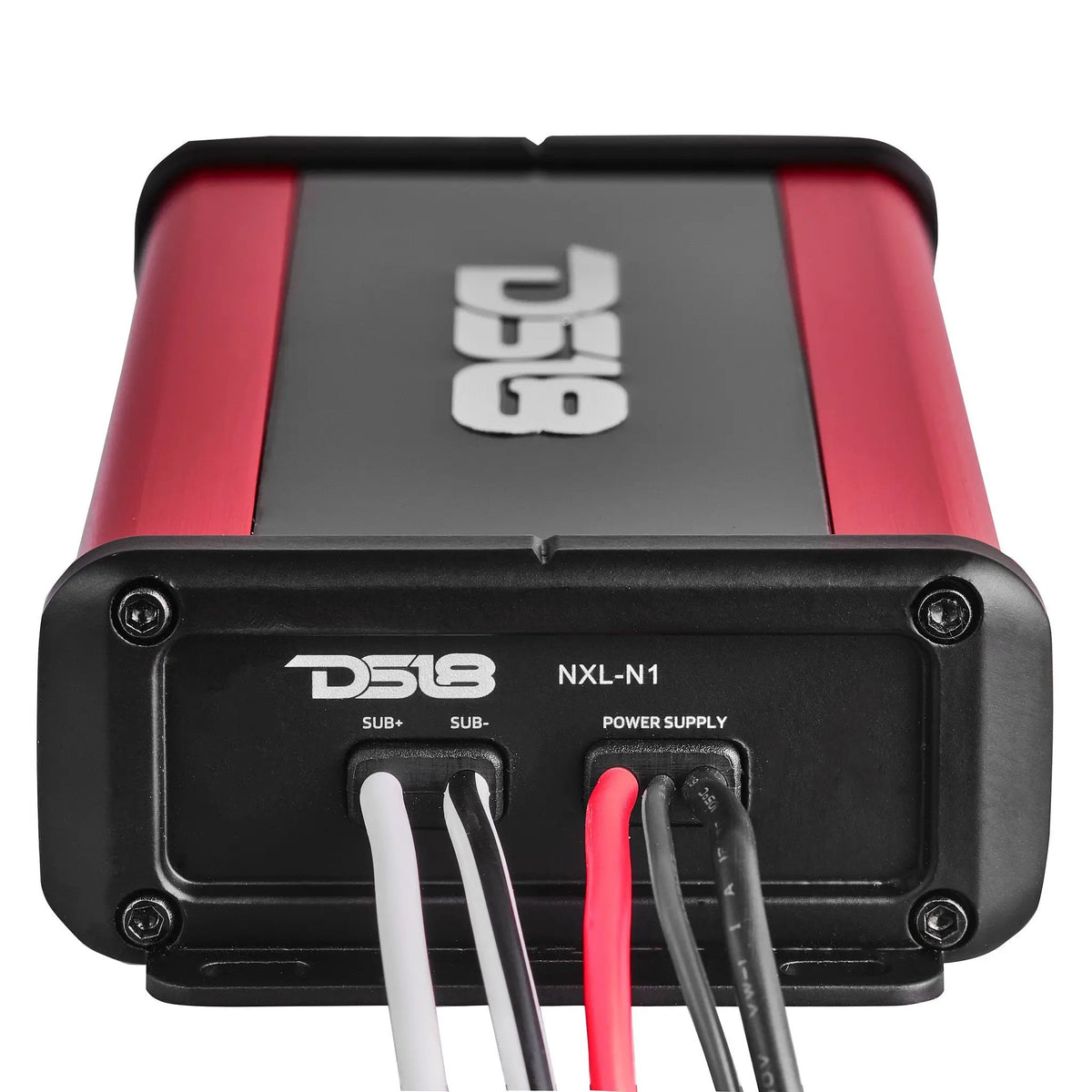 DS18 NXL-N1 amplifier end panel with labeled subwoofer leads and red-and-black power wiring