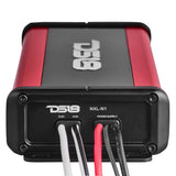 DS18 NXL-N1 amplifier end panel with labeled subwoofer leads and red-and-black power wiring