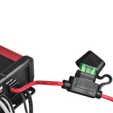 Close-up of a DS18 amplifier's red power lead and open inline fuse holder with a green blade fuse