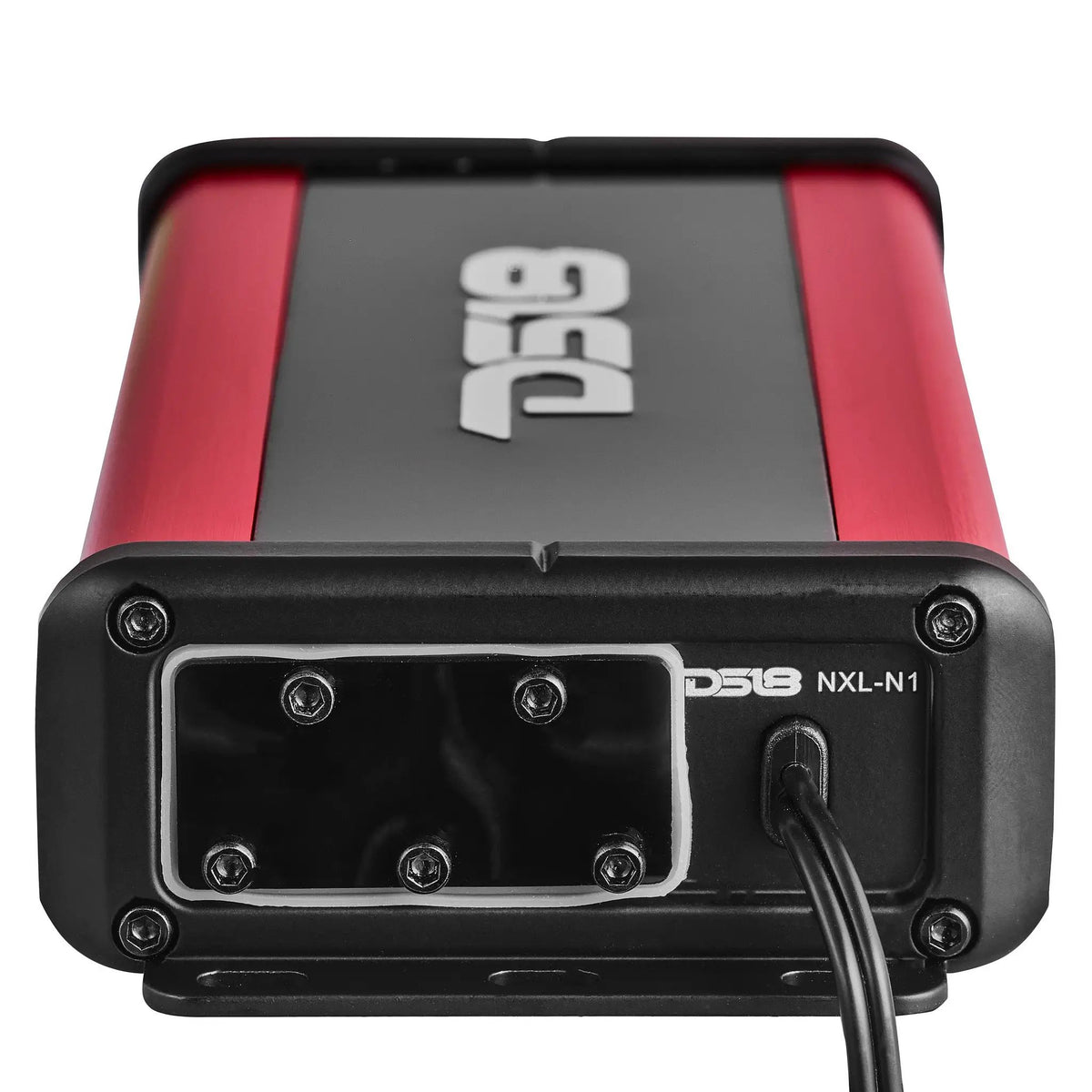 End view of a red and black DS18 NXL-N1 amplifier with its protective panel cover and attached cable