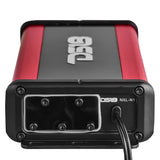 End view of a red and black DS18 NXL-N1 amplifier with its protective panel cover and attached cable