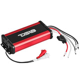 Angled red-and-black DS18 amplifier with RCA plugs, fused power lead and labeled wire ends