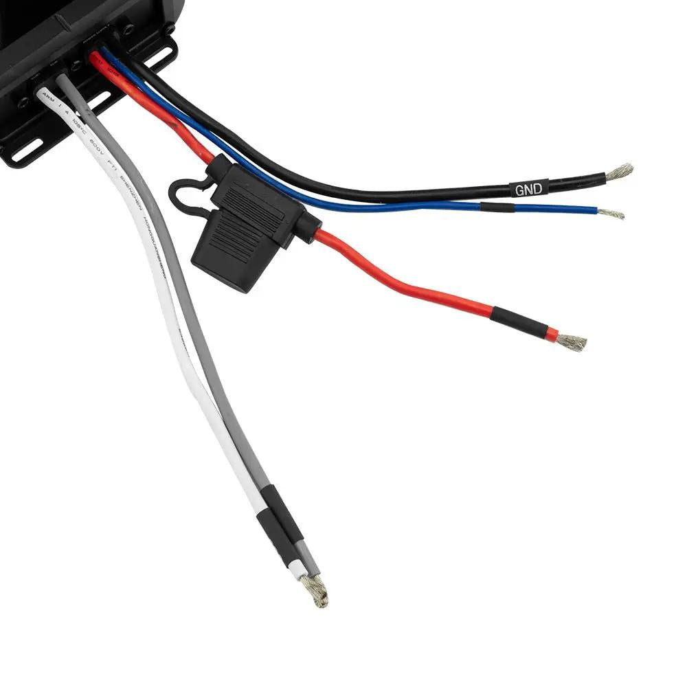 Amplifier wiring leads with an inline fuse holder, labeled ground wire and stripped wire ends