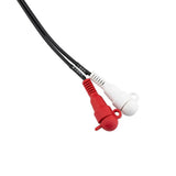 Close-up of red and white RCA connectors with tethered protective caps on black audio leads