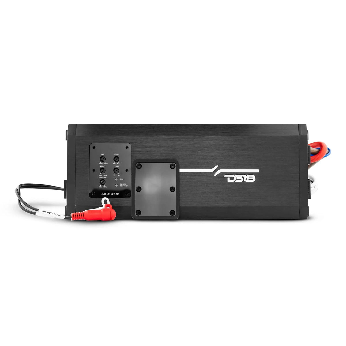 Black DS18 amplifier with its adjustment panel exposed, a detached cover and red-and-white RCA leads