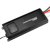 Angled top view of a black DS18 amplifier with a covered adjustment panel and attached wire leads